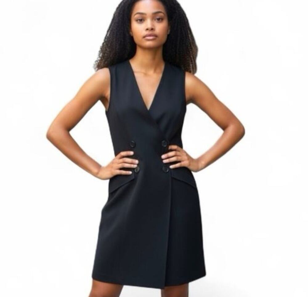 Max Studio Sleeveless Double Breasted Twill Black Mini Dress Size L Tuxedo Vest